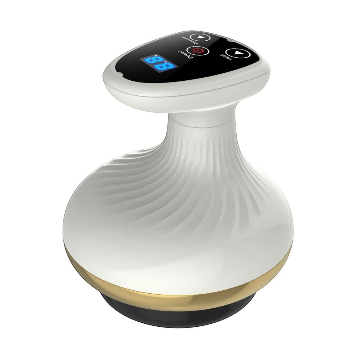 CelluGlow electric gua sha massage device in white and gold with digital display for heating and vacuum suction therapy