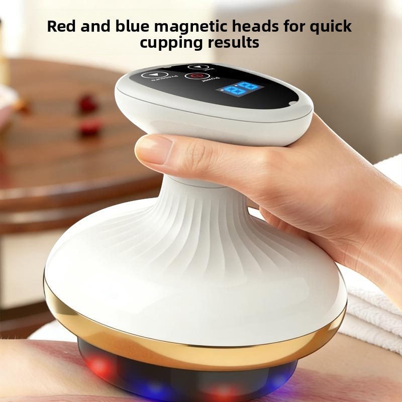 CelluGlow electric gua sha massage device with digital display, heating, and magnetic cupping therapy on skin