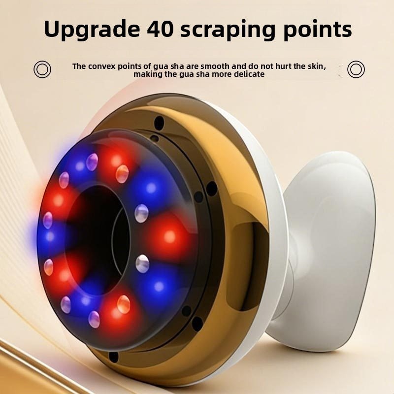 CelluGlow electric gua sha massage device in gold with red and blue light therapy and 40 smooth scraping points.