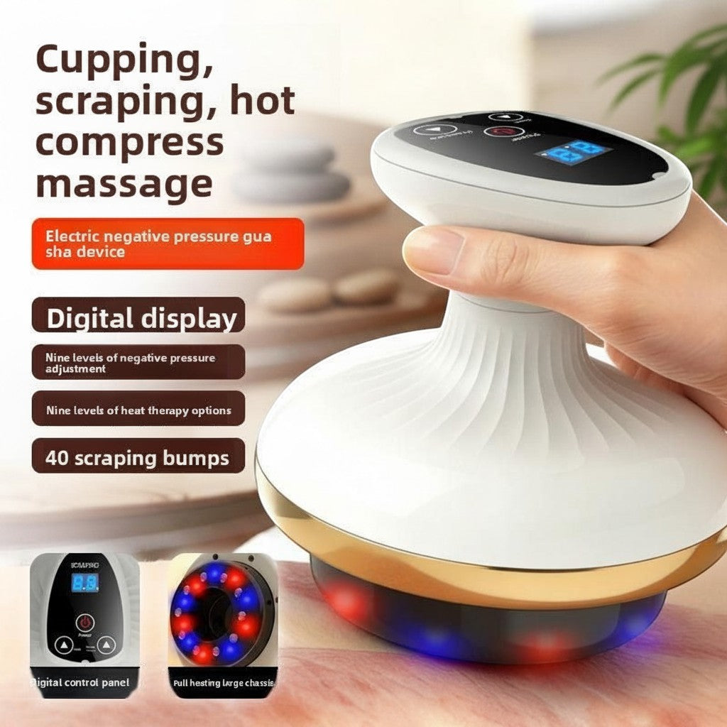 CelluGlow electric gua sha massage device with digital display, heating, and vacuum suction for cupping therapy.