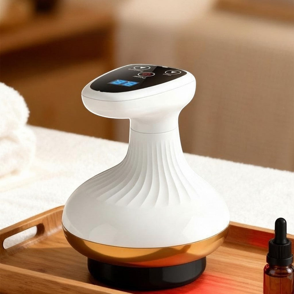CelluGlow electric gua sha massage device with heating, vacuum suction, and digital display on a wooden tray.