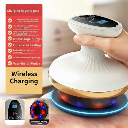 CelluGlow electric gua sha massage device with wireless charging, heating, and vacuum suction for cupping therapy.